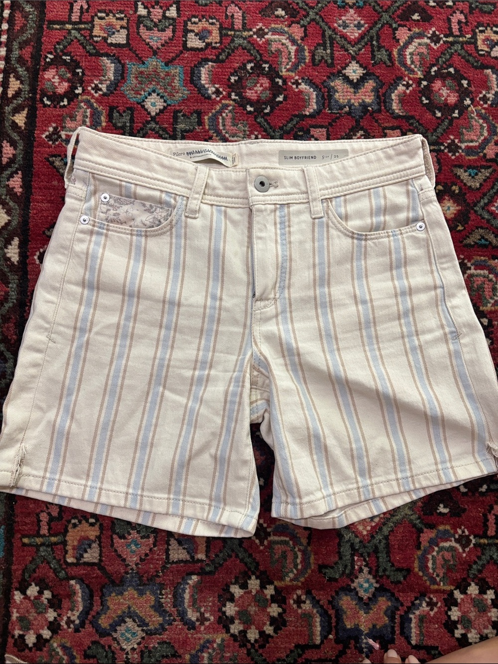 Pilcro Cream Striped Jean Shorts with Blue and Tan Lines